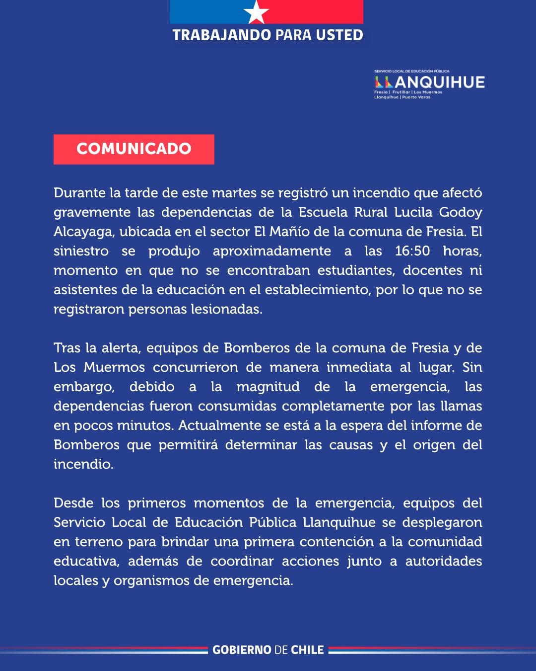Comunicado sobre incendio en la Escuela Rural Lucila Godoy Alcayaga de la comuna de Fresia